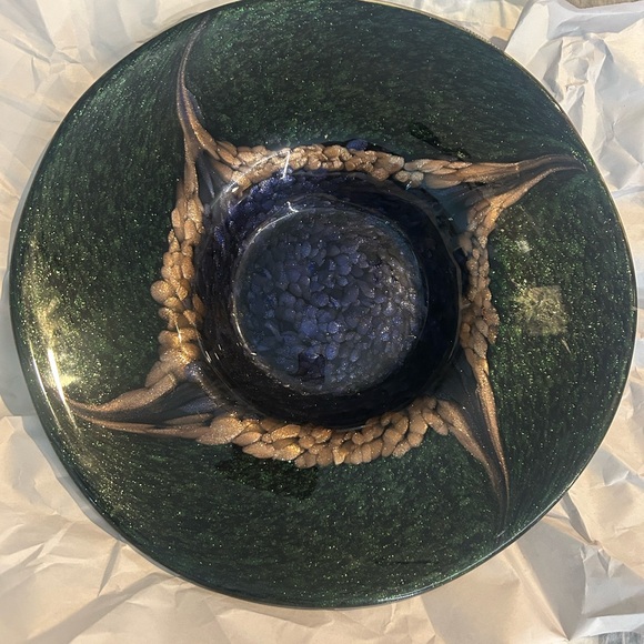 Dale Tiffany Console Bowl - Blown Art Glass - 15 1/2” Green Blue Copper Flecks